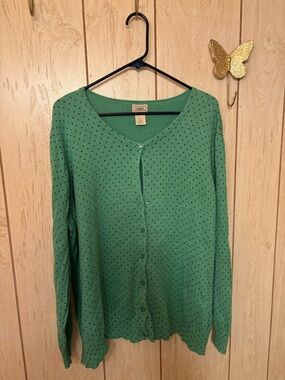 L.L. Bean Green Cardigan with Navy Polka Dots